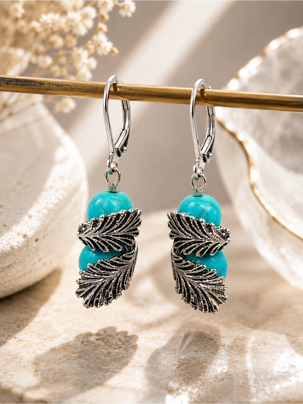 Boho Turquoise Leaf Earrings Silver Nature Dangle Earrings